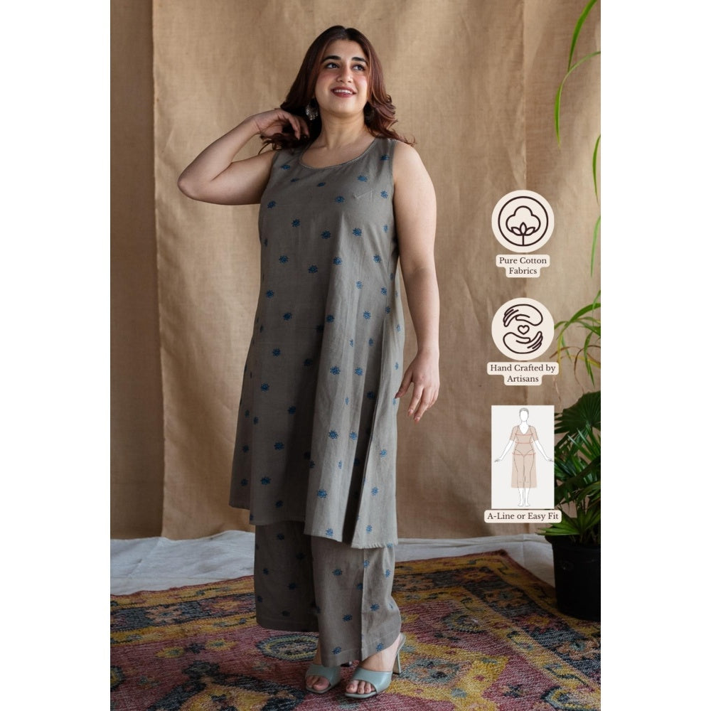The Indian Ethnic Co. Grey A-Line Printed Cotton Kurta With Round Neck & Embroidered