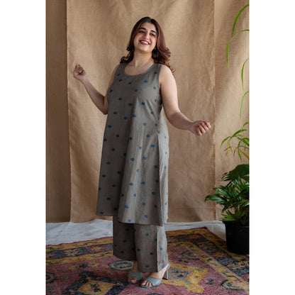 The Indian Ethnic Co. Grey A-Line Printed Cotton Kurta With Round Neck & Embroidered