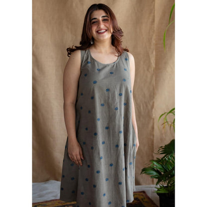 The Indian Ethnic Co. Grey A-Line Printed Cotton Kurta With Round Neck & Embroidered