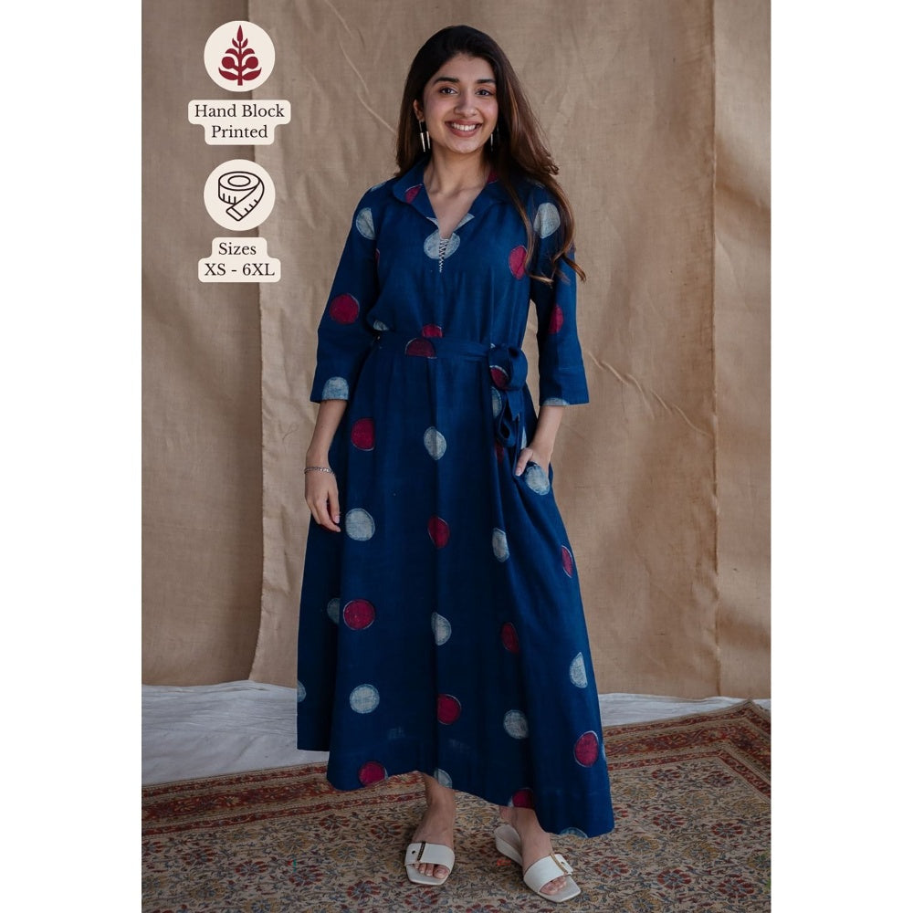 The Indian Ethnic Co. Navy Blue A-Line Dabu Printed Slub Cotton Dress with Belt (Set of 2)