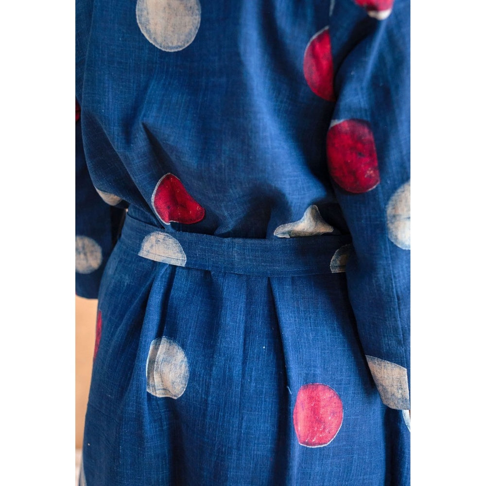 The Indian Ethnic Co. Navy Blue A-Line Dabu Printed Slub Cotton Dress with Belt (Set of 2)