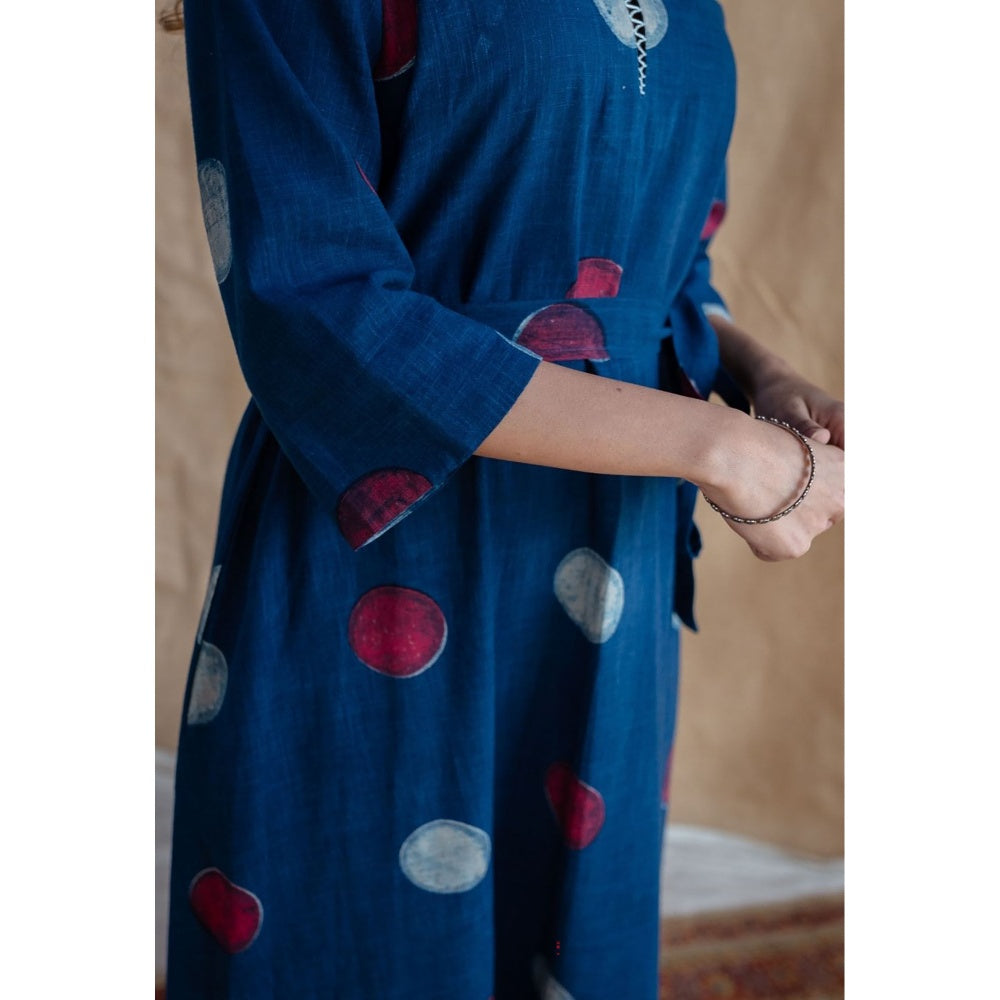 The Indian Ethnic Co. Navy Blue A-Line Dabu Printed Slub Cotton Dress with Belt (Set of 2)