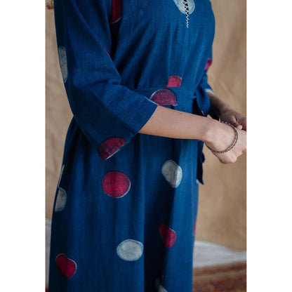 The Indian Ethnic Co. Navy Blue A-Line Dabu Printed Slub Cotton Dress with Belt (Set of 2)