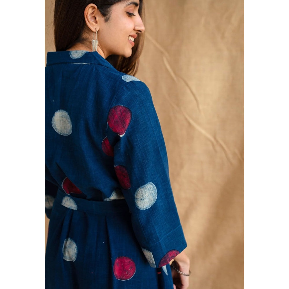 The Indian Ethnic Co. Navy Blue A-Line Dabu Printed Slub Cotton Dress with Belt (Set of 2)