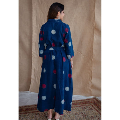 The Indian Ethnic Co. Navy Blue A-Line Dabu Printed Slub Cotton Dress with Belt (Set of 2)