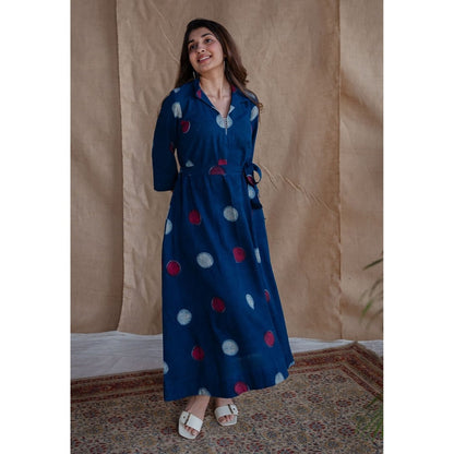 The Indian Ethnic Co. Navy Blue A-Line Dabu Printed Slub Cotton Dress with Belt (Set of 2)