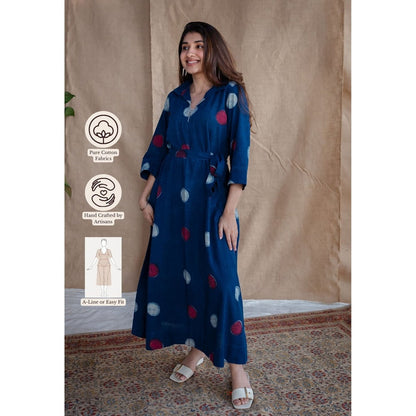 The Indian Ethnic Co. Navy Blue A-Line Dabu Printed Slub Cotton Dress with Belt (Set of 2)