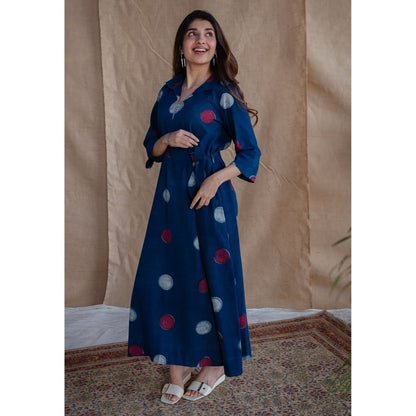 The Indian Ethnic Co. Navy Blue A-Line Dabu Printed Slub Cotton Dress with Belt (Set of 2)