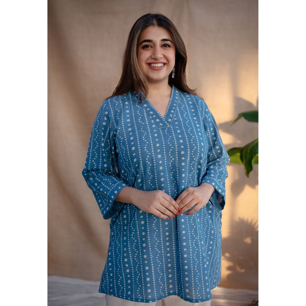 The Indian Ethnic Co. Blue Dabu Handblock Printed Tunic V Neck with Embroidered