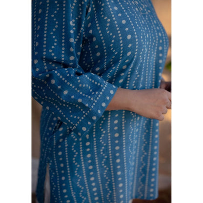 The Indian Ethnic Co. Blue Dabu Handblock Printed Tunic V Neck with Embroidered