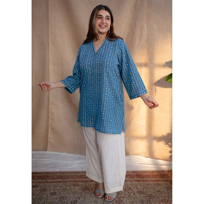 The Indian Ethnic Co. Blue Dabu Handblock Printed Tunic V Neck with Embroidered