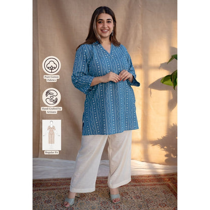 The Indian Ethnic Co. Blue Dabu Handblock Printed Tunic V Neck with Embroidered