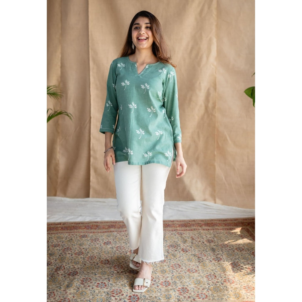 The Indian Ethnic Co. Green Dabu Handblock Printed Embroidered Tunic