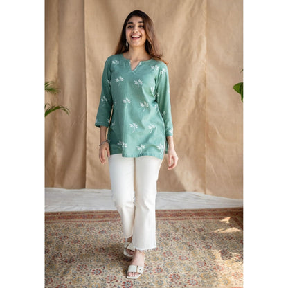 The Indian Ethnic Co. Green Dabu Handblock Printed Embroidered Tunic