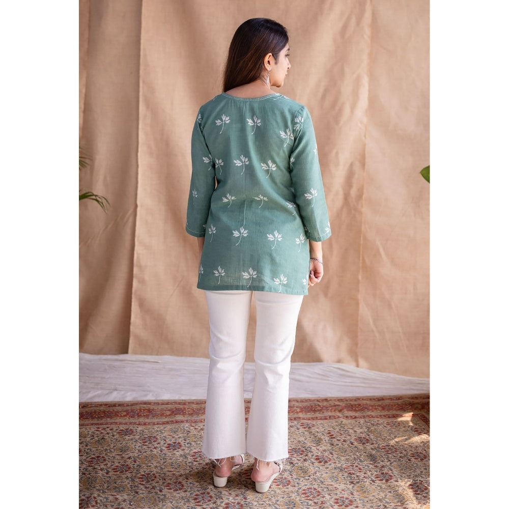 The Indian Ethnic Co. Green Dabu Handblock Printed Embroidered Tunic