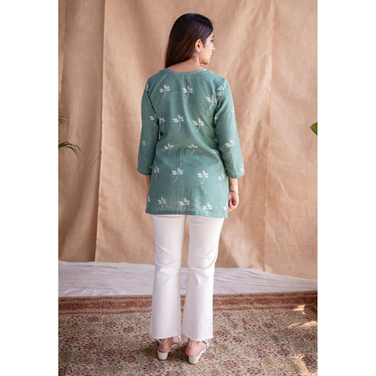 The Indian Ethnic Co. Green Dabu Handblock Printed Embroidered Tunic