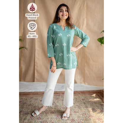 The Indian Ethnic Co. Green Dabu Handblock Printed Embroidered Tunic