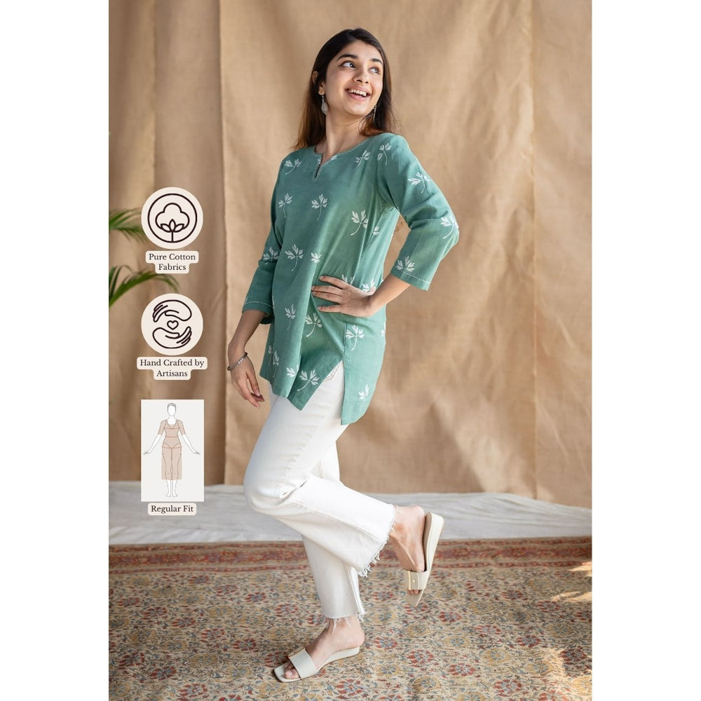 The Indian Ethnic Co. Green Dabu Handblock Printed Embroidered Tunic