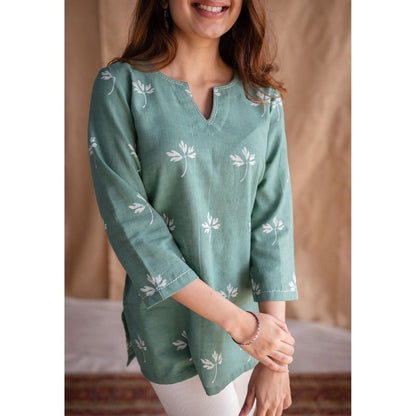 The Indian Ethnic Co. Green Dabu Handblock Printed Embroidered Tunic