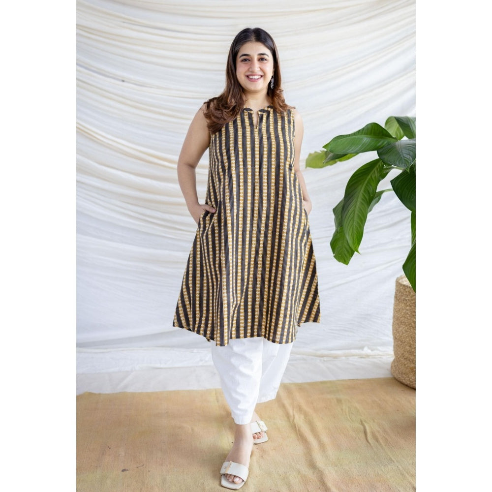 The Indian Ethnic Co. Black A-Line Kalamkari Printed Cotton Kurta With Sleeveless