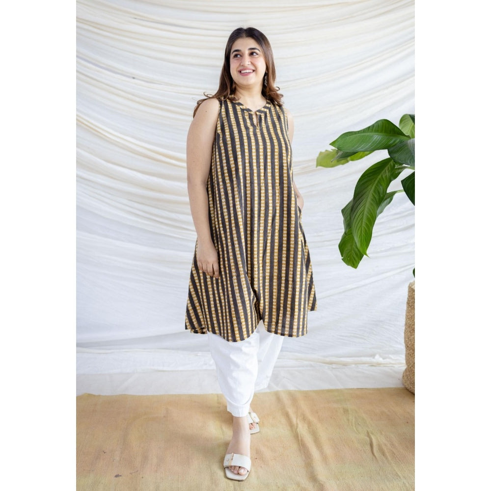 The Indian Ethnic Co. Black A-Line Kalamkari Printed Cotton Kurta With Sleeveless