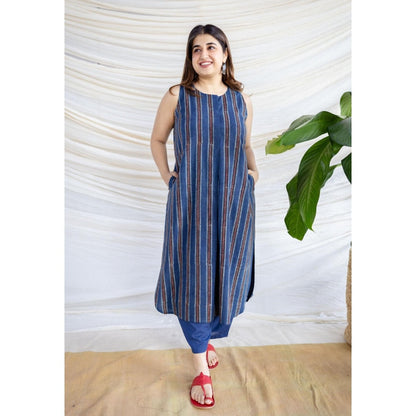 The Indian Ethnic Co. Navy Blue Straight Ajrakh Printed Cotton Kurta With Sleeveless