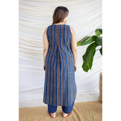 The Indian Ethnic Co. Navy Blue Straight Ajrakh Printed Cotton Kurta With Sleeveless