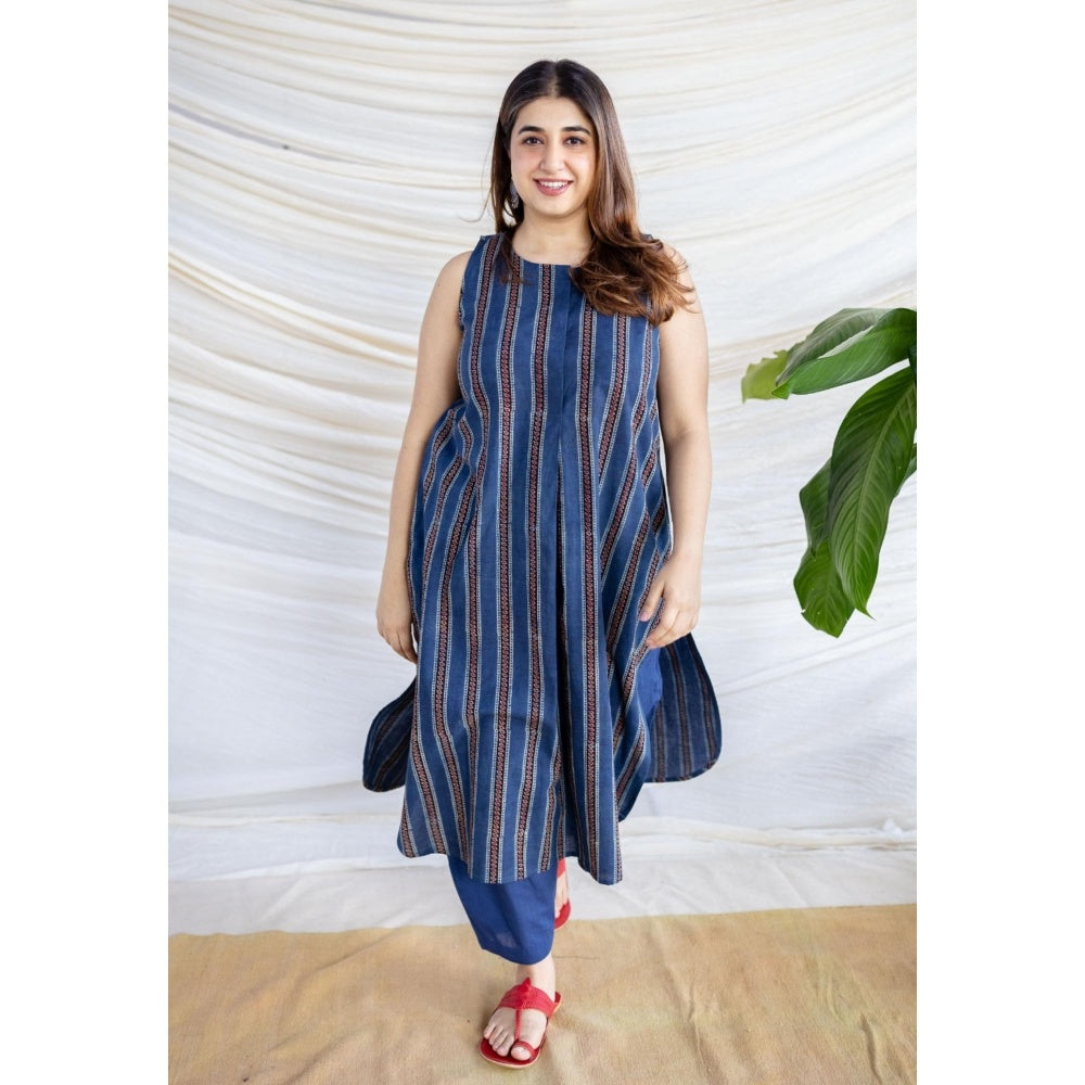 The Indian Ethnic Co. Navy Blue Straight Ajrakh Printed Cotton Kurta With Sleeveless