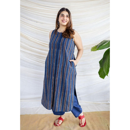 The Indian Ethnic Co. Navy Blue Straight Ajrakh Printed Cotton Kurta With Sleeveless