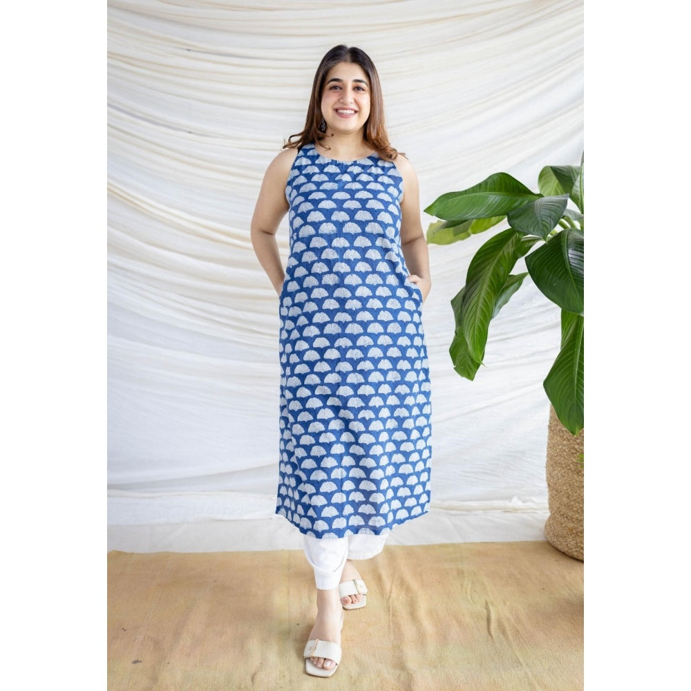 The Indian Ethnic Co. Blue Straight Dabu Printed Cotton Kurta With Round Neck And Sleeveless