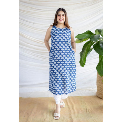 The Indian Ethnic Co. Blue Straight Dabu Printed Cotton Kurta With Round Neck And Sleeveless