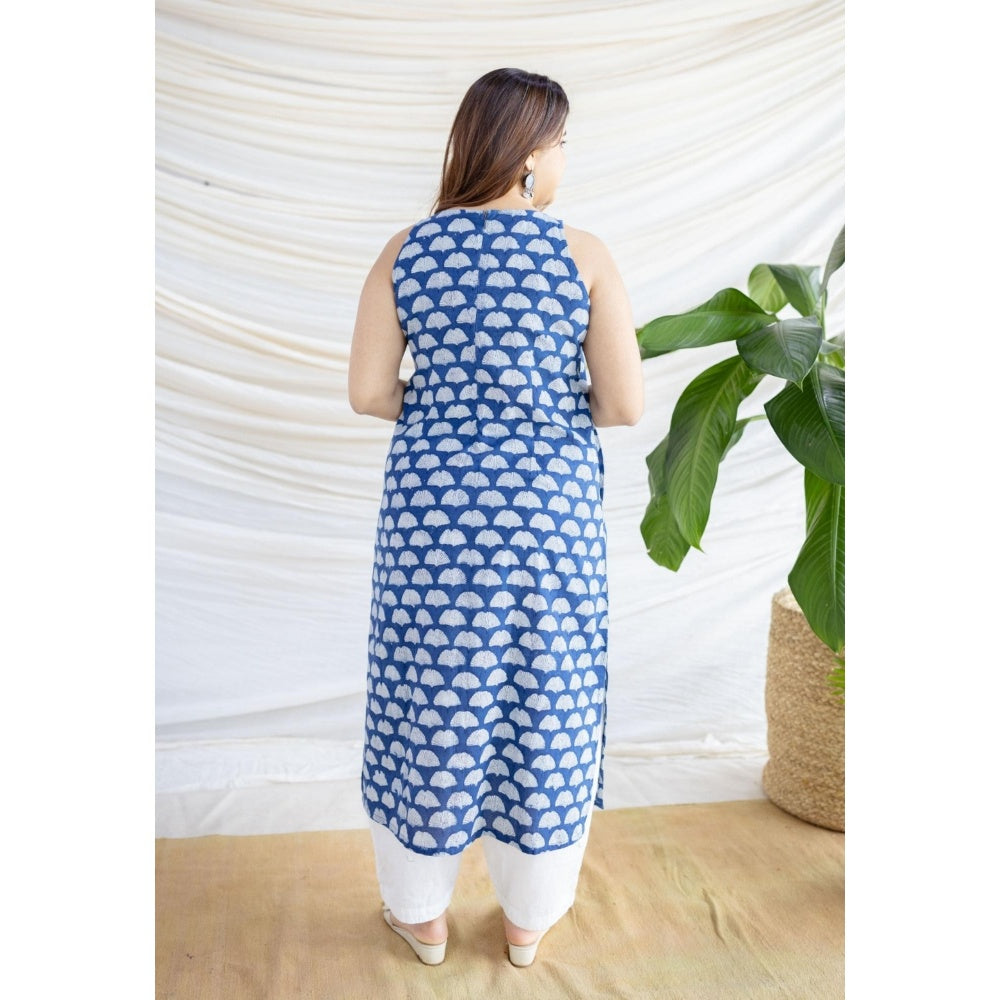 The Indian Ethnic Co. Blue Straight Dabu Printed Cotton Kurta With Round Neck And Sleeveless