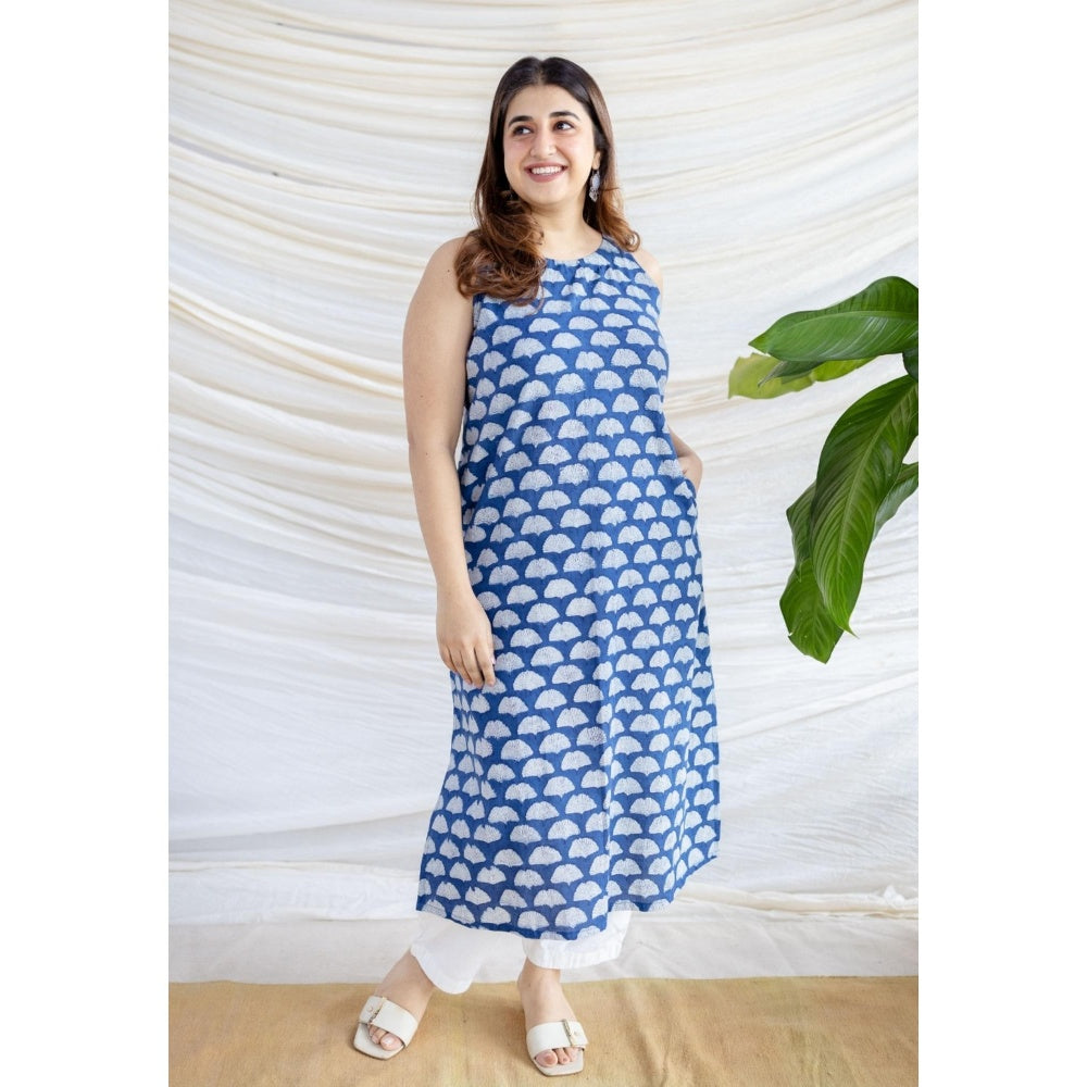 The Indian Ethnic Co. Blue Straight Dabu Printed Cotton Kurta With Round Neck And Sleeveless