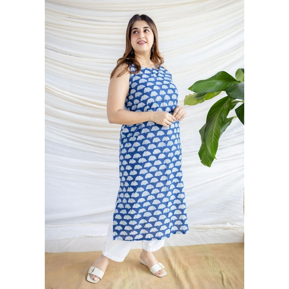 The Indian Ethnic Co. Blue Straight Dabu Printed Cotton Kurta With Round Neck And Sleeveless