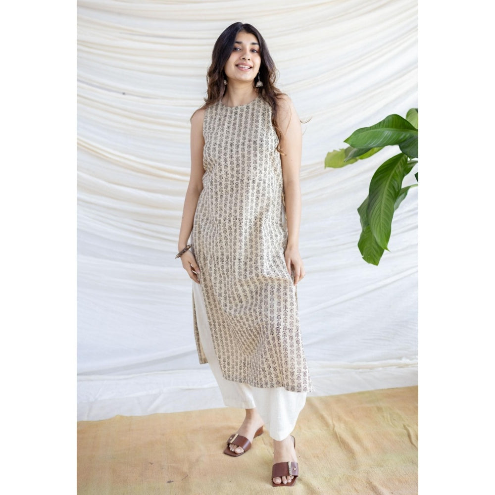 The Indian Ethnic Co. Beige Straight Bagru Printed Cotton Kurta With Round Neck And Sleeveless