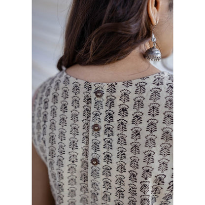 The Indian Ethnic Co. Beige Straight Bagru Printed Cotton Kurta With Round Neck And Sleeveless