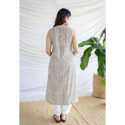 The Indian Ethnic Co. Beige Straight Bagru Printed Cotton Kurta With Round Neck And Sleeveless