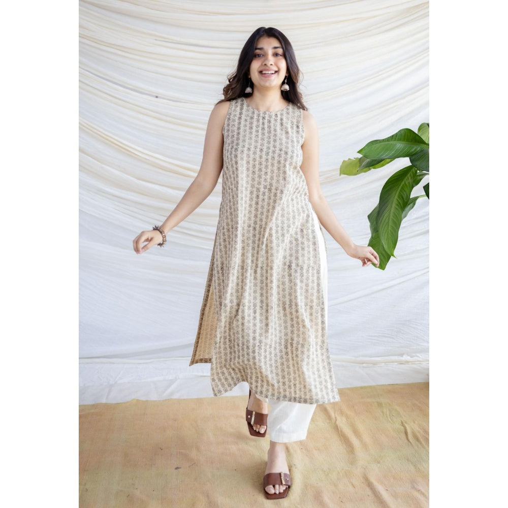 The Indian Ethnic Co. Beige Straight Bagru Printed Cotton Kurta With Round Neck And Sleeveless
