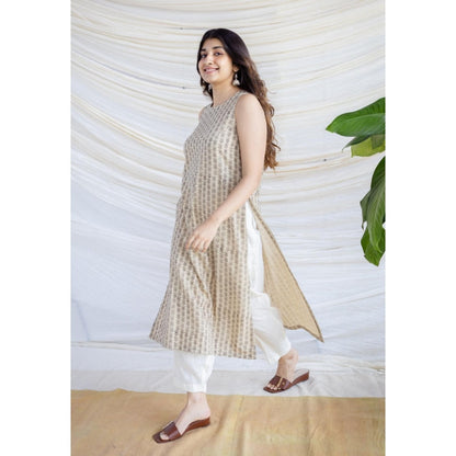 The Indian Ethnic Co. Beige Straight Bagru Printed Cotton Kurta With Round Neck And Sleeveless