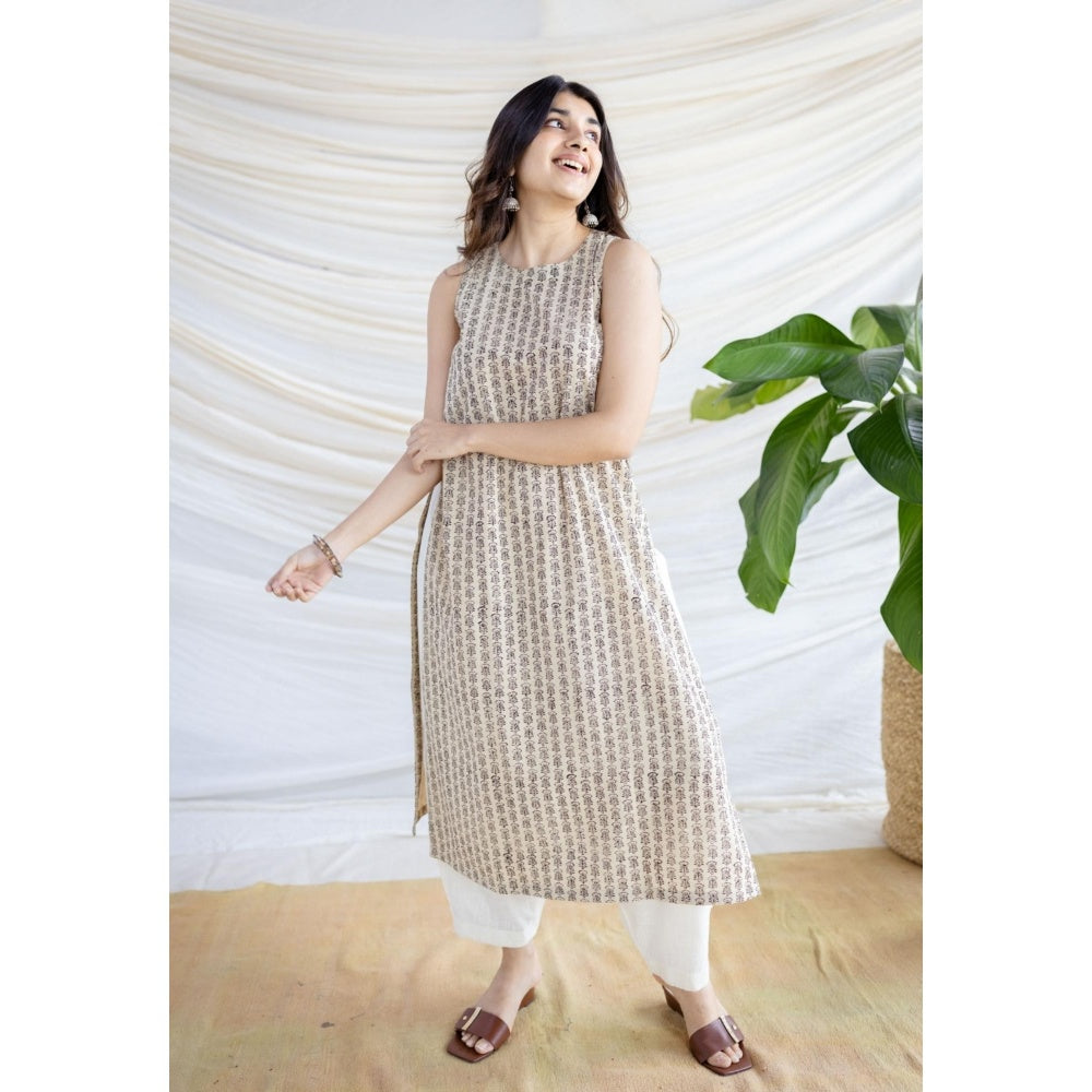 The Indian Ethnic Co. Beige Straight Bagru Printed Cotton Kurta With Round Neck And Sleeveless