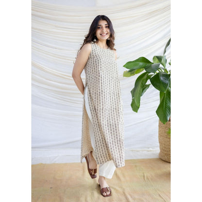 The Indian Ethnic Co. Beige Straight Bagru Printed Cotton Kurta With Round Neck And Sleeveless