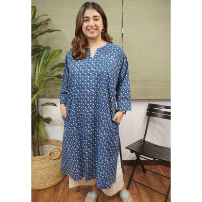 The Indian Ethnic Co. Blue Loose Dabu Printed Cotton Kurta With Split V Neck And Full Sleeves