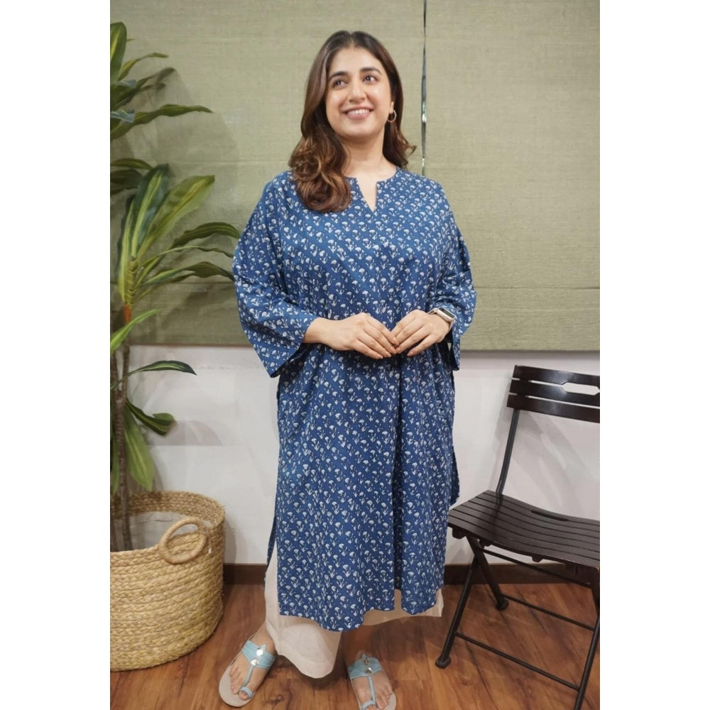 The Indian Ethnic Co. Blue Loose Dabu Printed Cotton Kurta With Split V Neck And Full Sleeves