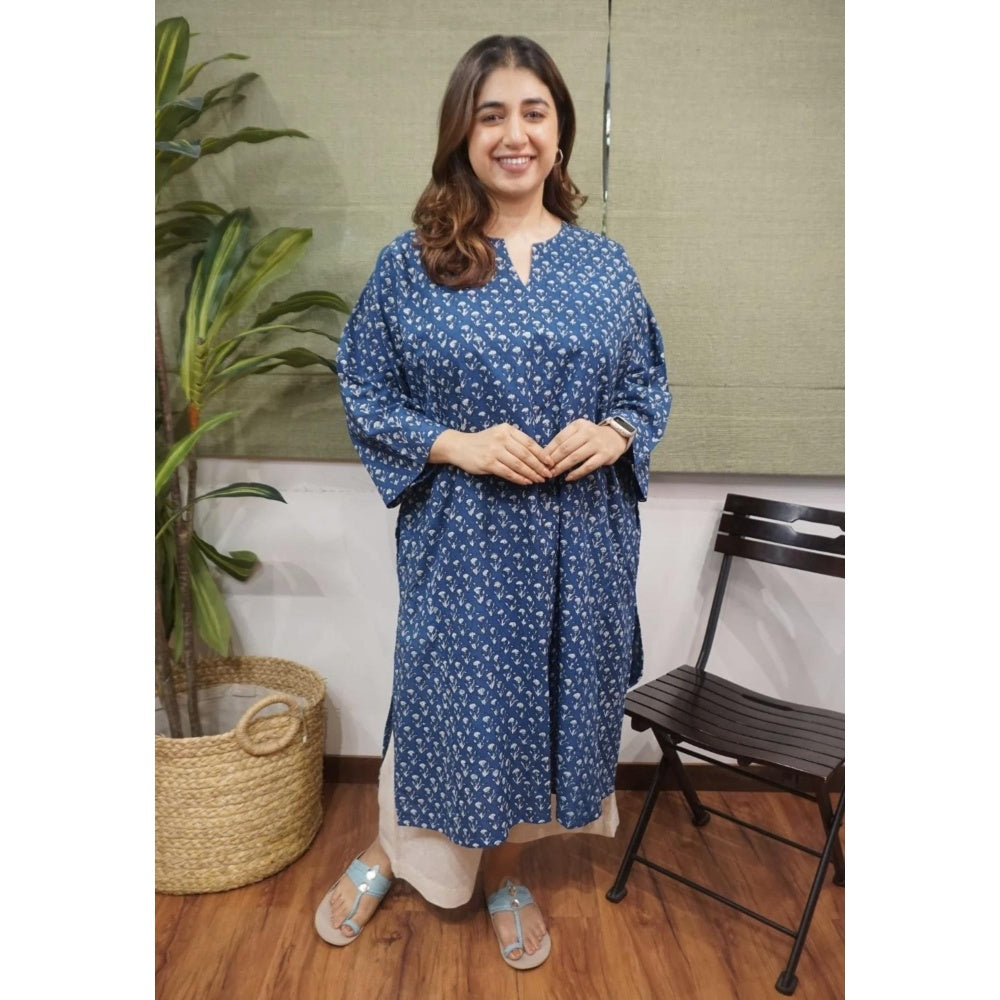 The Indian Ethnic Co. Blue Loose Dabu Printed Cotton Kurta With Split V Neck And Full Sleeves