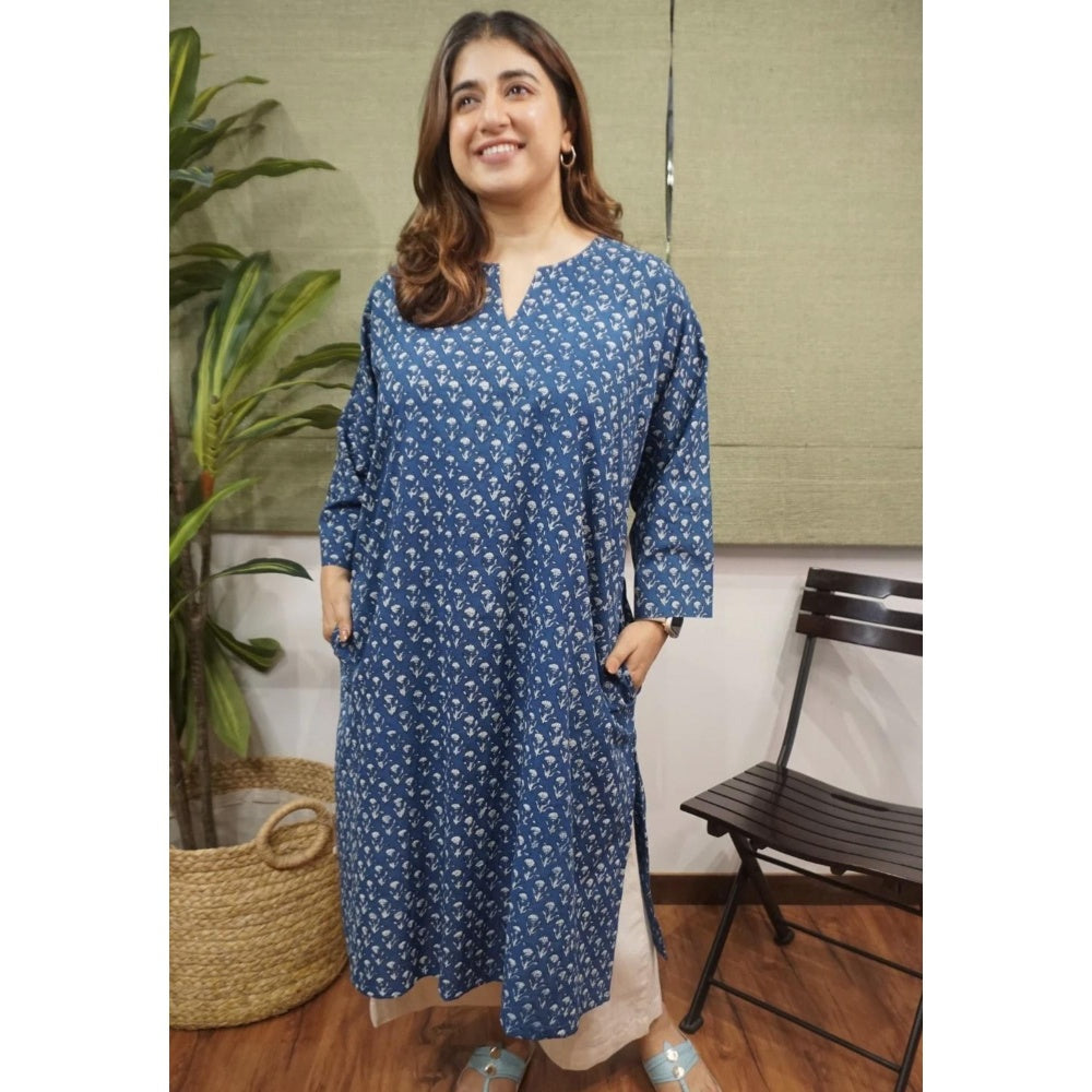 The Indian Ethnic Co. Blue Loose Dabu Printed Cotton Kurta With Split V Neck And Full Sleeves