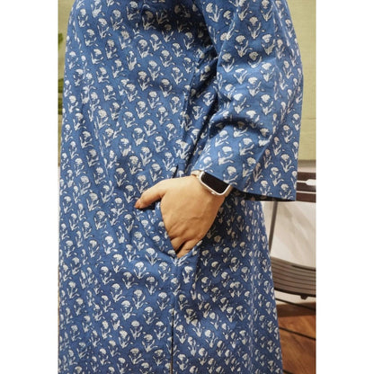 The Indian Ethnic Co. Blue Loose Dabu Printed Cotton Kurta With Split V Neck And Full Sleeves