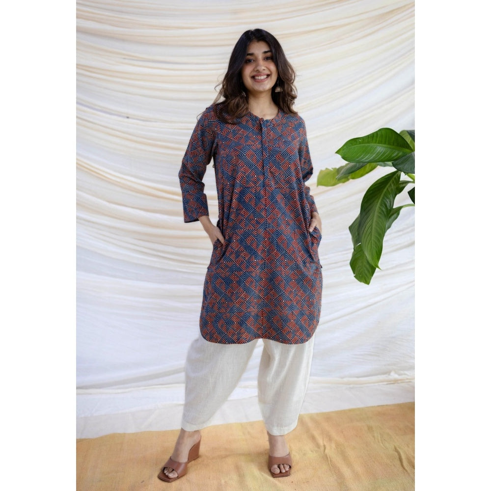 The Indian Ethnic Co. Multi-Color Straight Ajrakh Printed Cotton Kurta With Full Sleeves