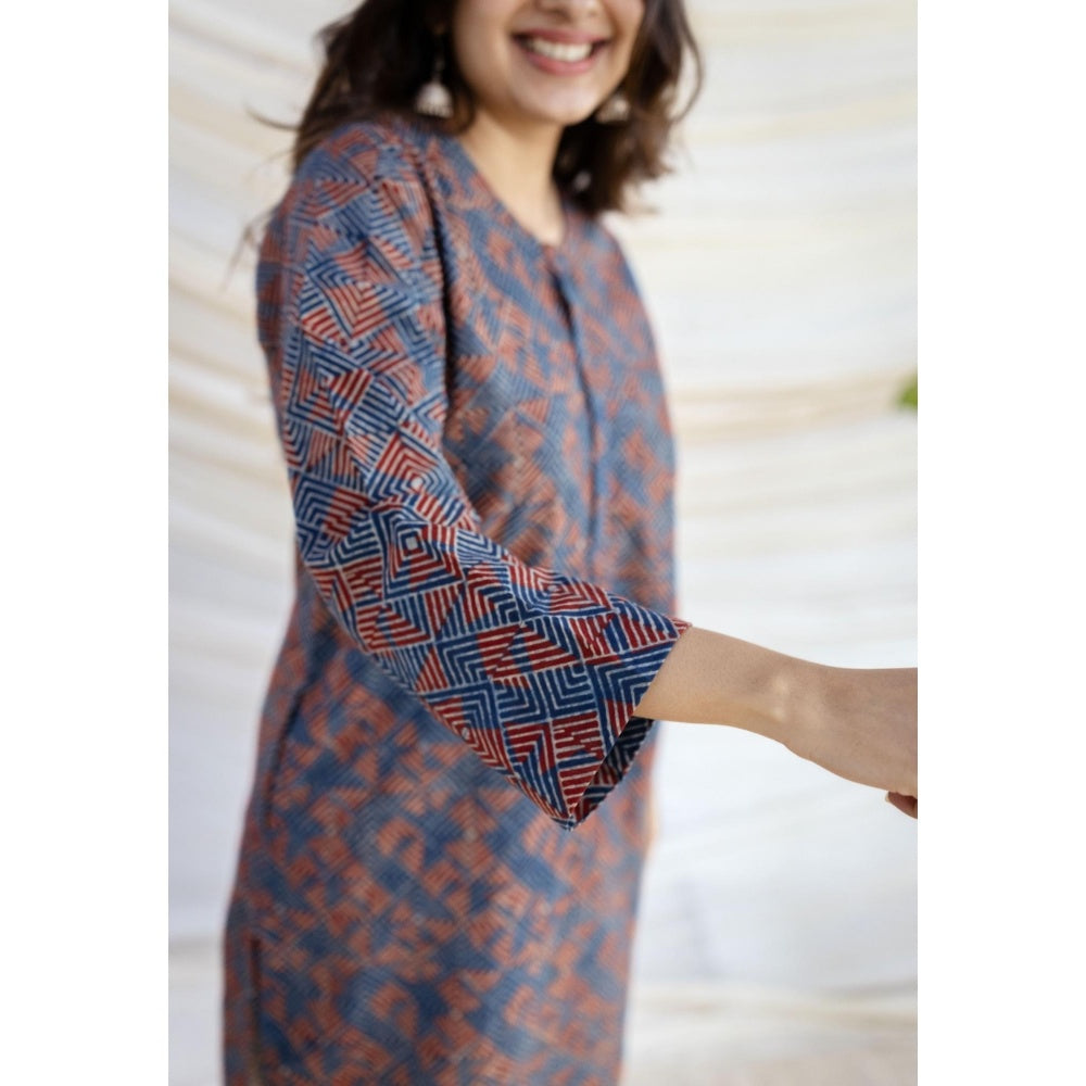 The Indian Ethnic Co. Multi-Color Straight Ajrakh Printed Cotton Kurta With Full Sleeves