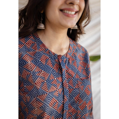 The Indian Ethnic Co. Multi-Color Straight Ajrakh Printed Cotton Kurta With Full Sleeves