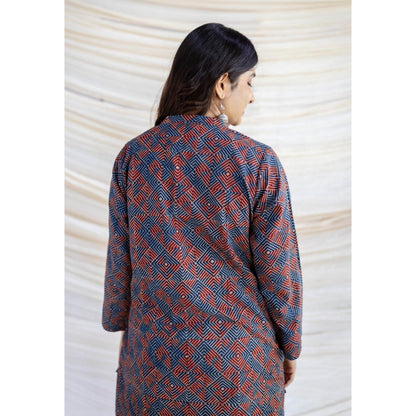 The Indian Ethnic Co. Multi-Color Straight Ajrakh Printed Cotton Kurta With Full Sleeves